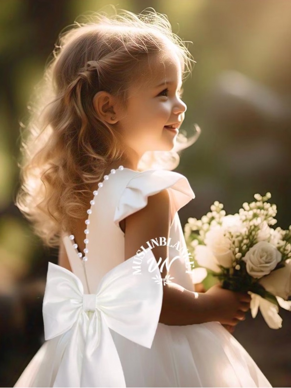 White Flower Girl Dress with Pearl Back and Bow - 3T